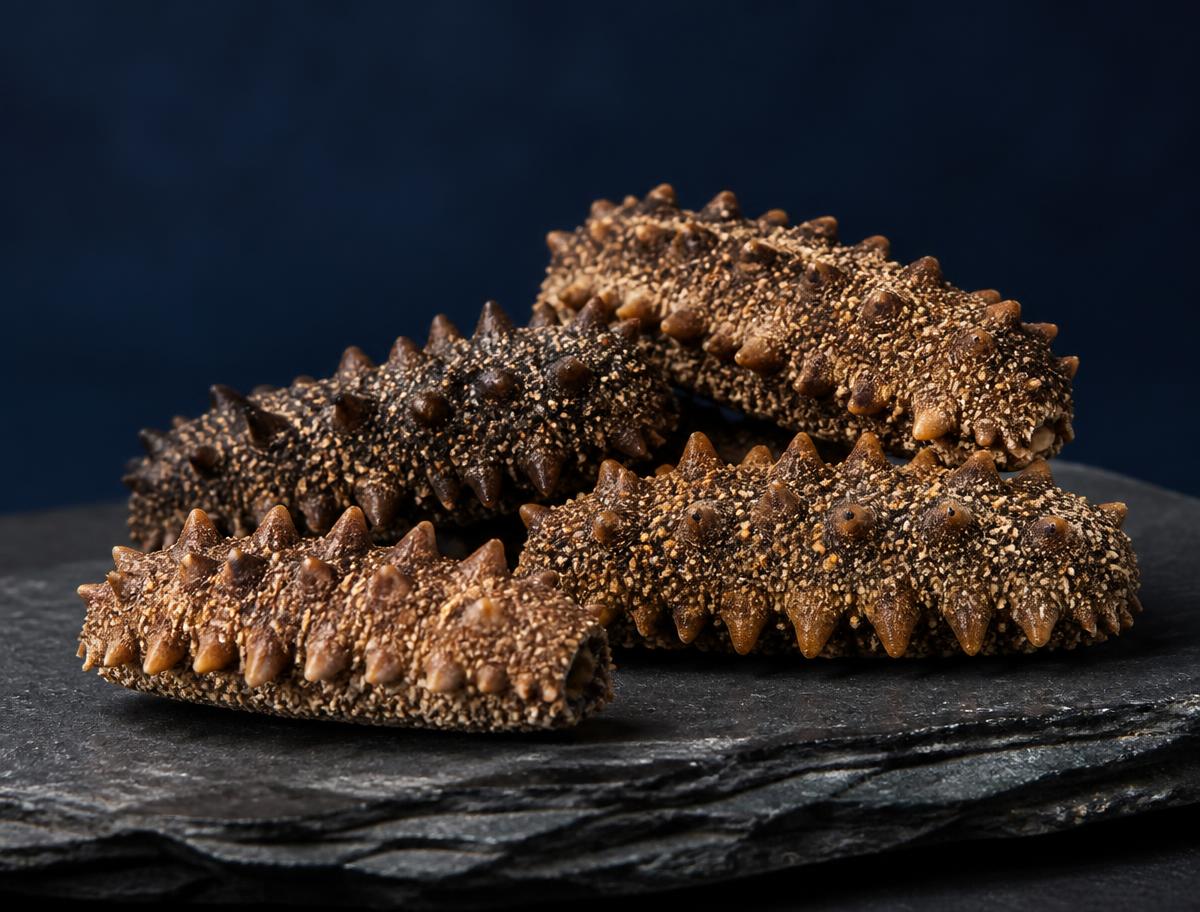 Dried sea cucumbers presented on a dark slate surface